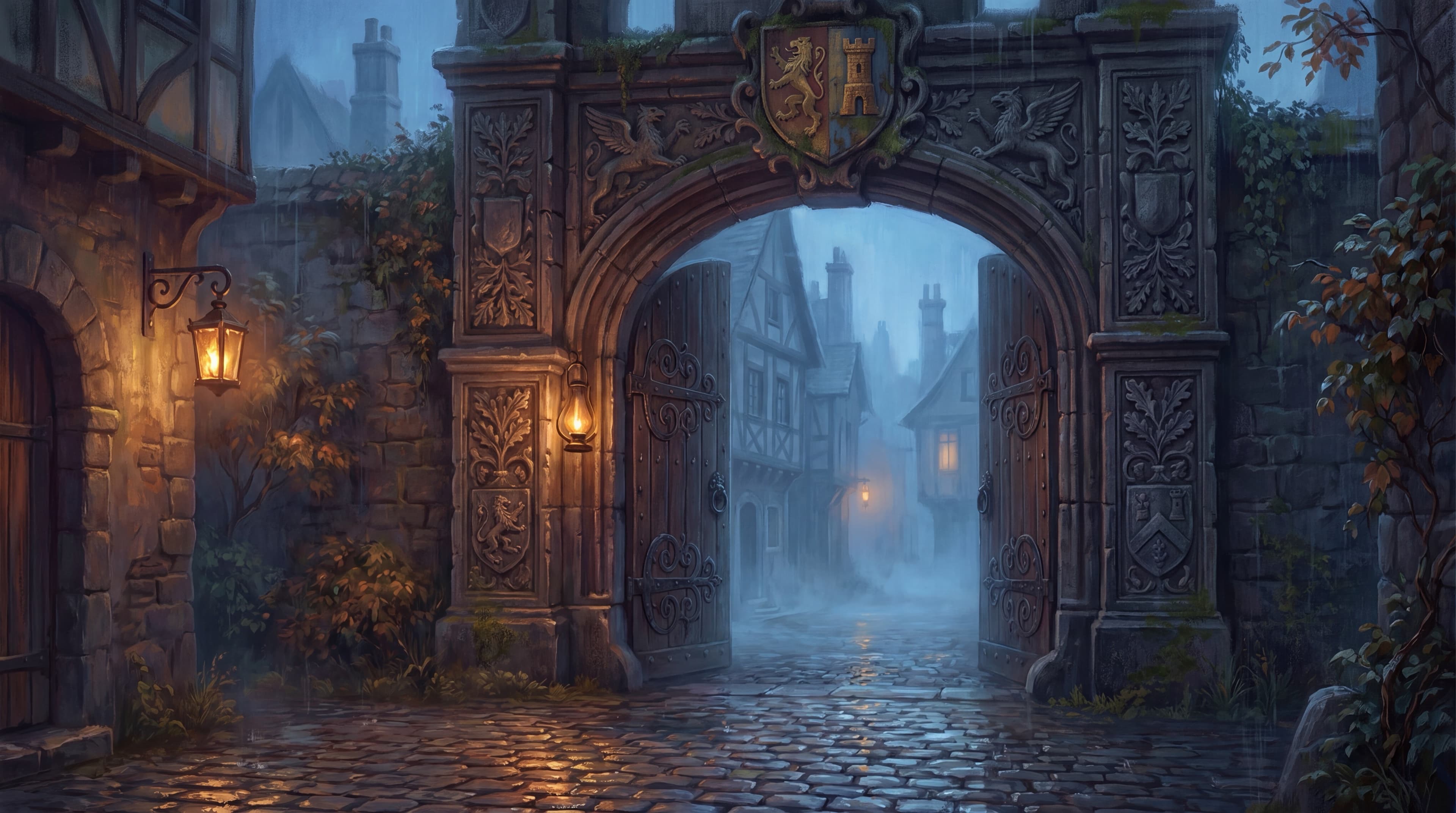 An open stone archway at dusk, the threshold between the city you know and the one waiting beyond