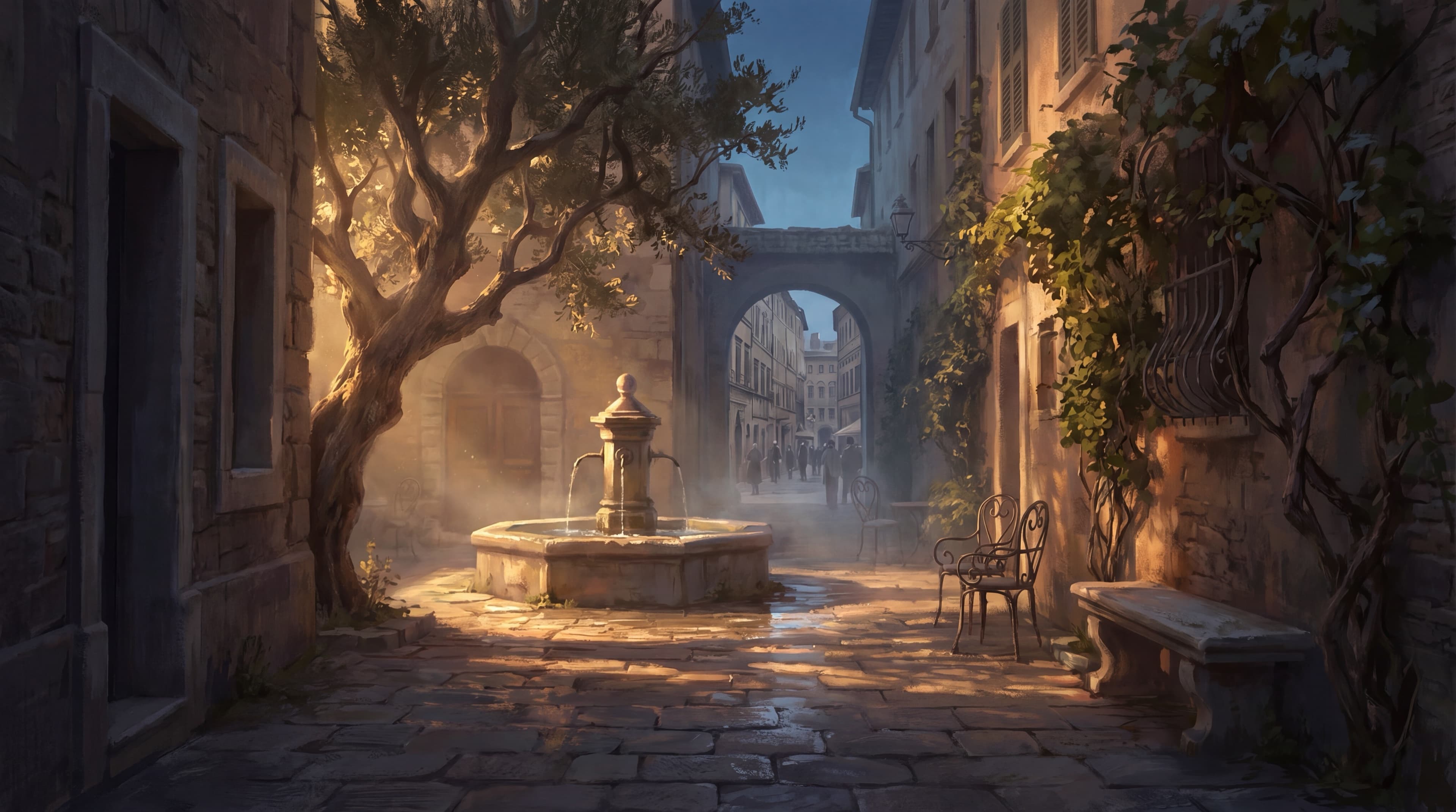 An open stone archway at dusk, the threshold between the city you know and the one waiting beyond