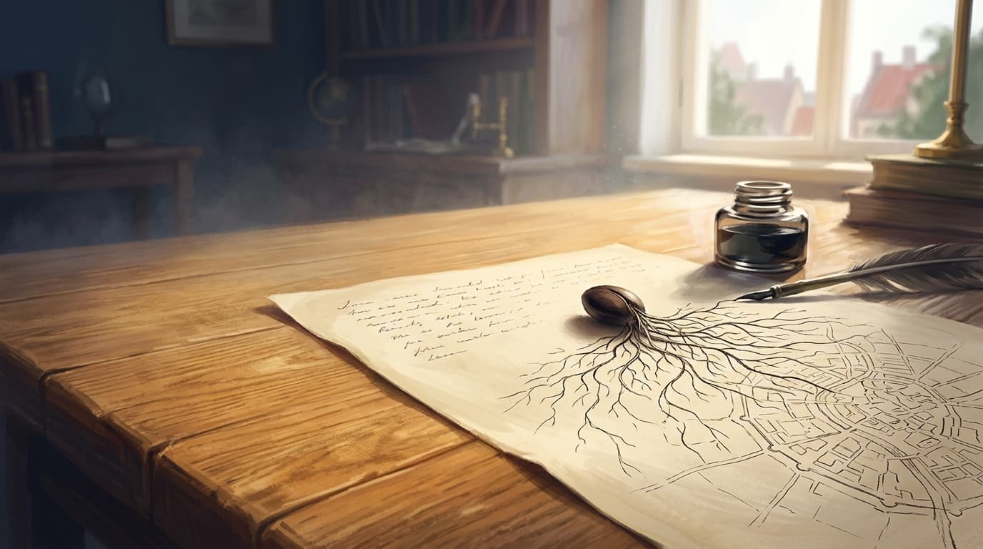 A single seed on aged parchment, fine ink roots spreading from it into the lines of an old hand-drawn street map.