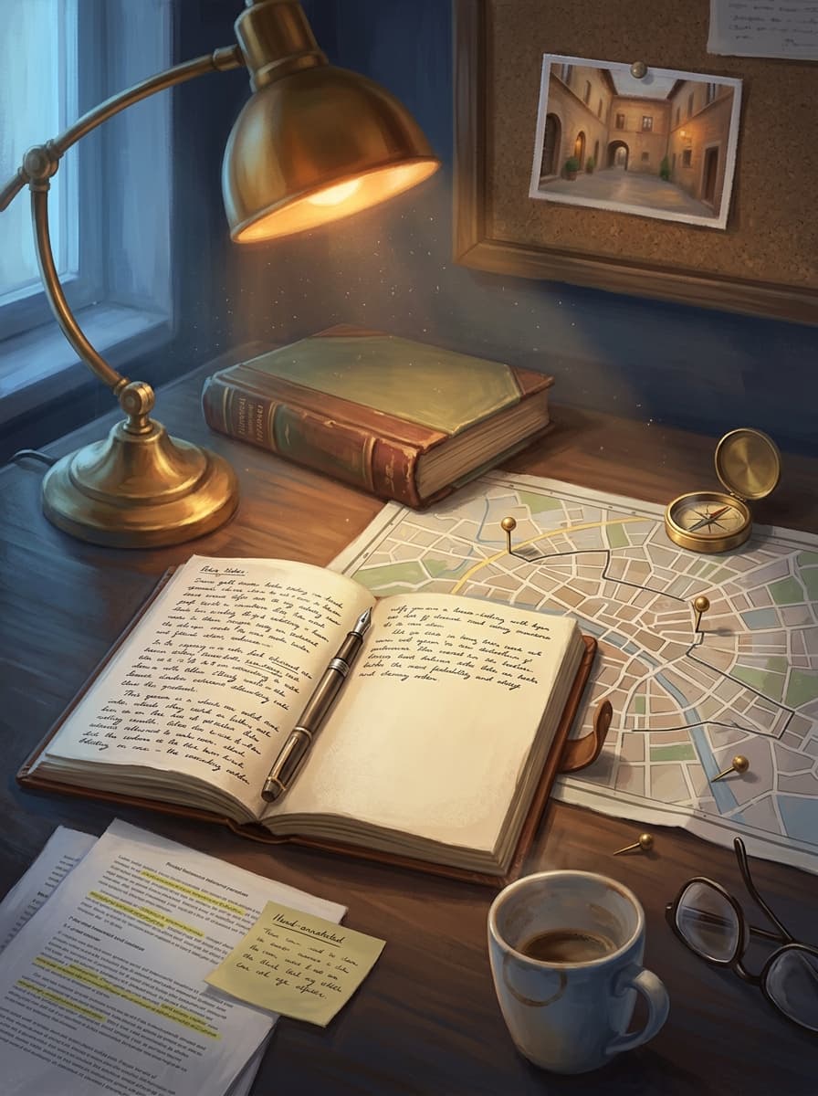 An editor's desk in warm lamplight: an open leather notebook with handwritten editing notes, a face-down historical reference book, a city map with a pencilled-in route and brass pins, a small compass, loose printed pages with yellow highlights, and a cold coffee. No person in frame.