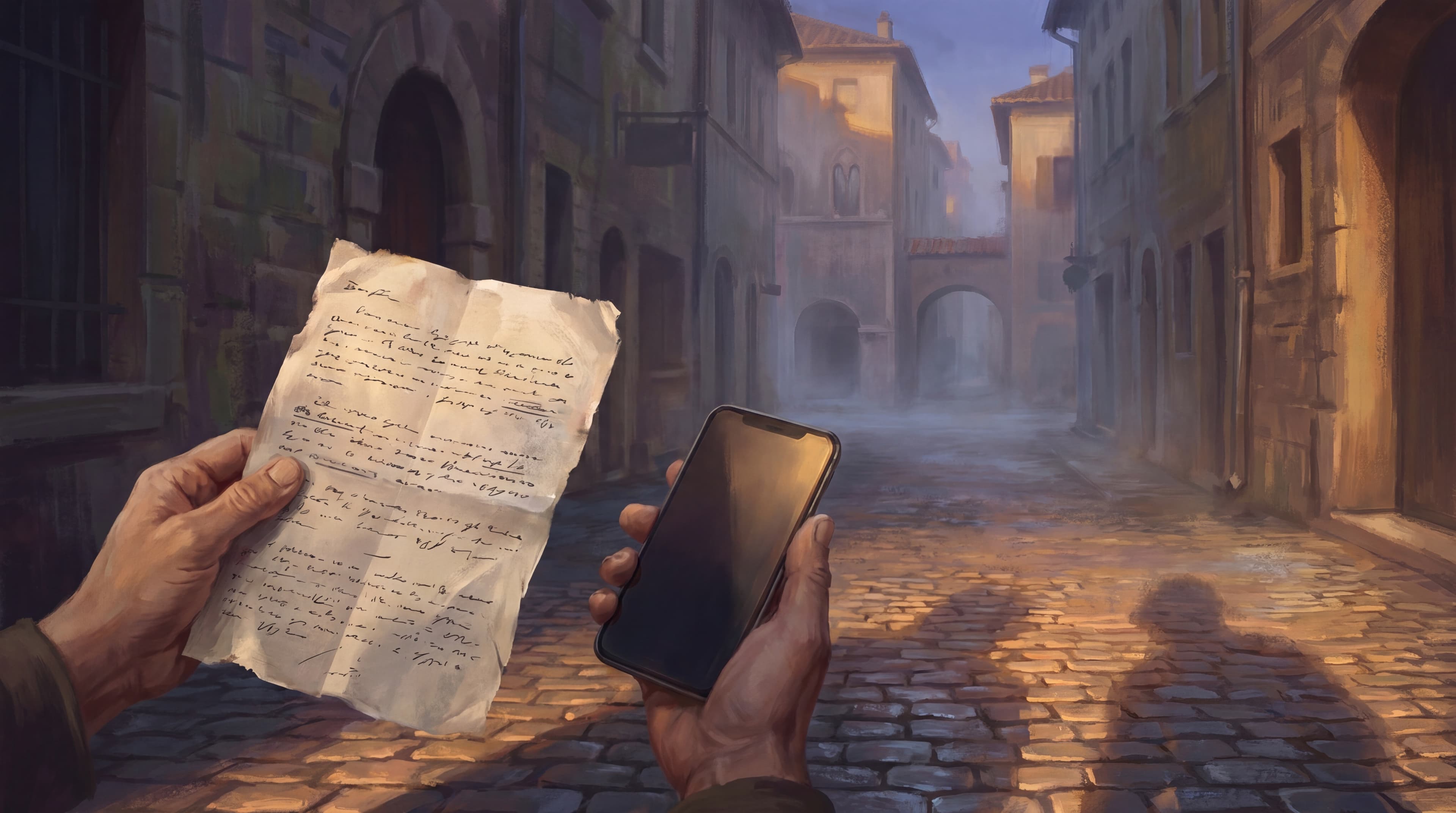 A hand holding a crumpled A4 printout on a European cobblestone lane, edges worn from being passed between hands, a smartphone held face-down nearby, unused. Warm late-afternoon light on the paper; the city recedes into soft focus behind it. No faces, no specific legible landmark.