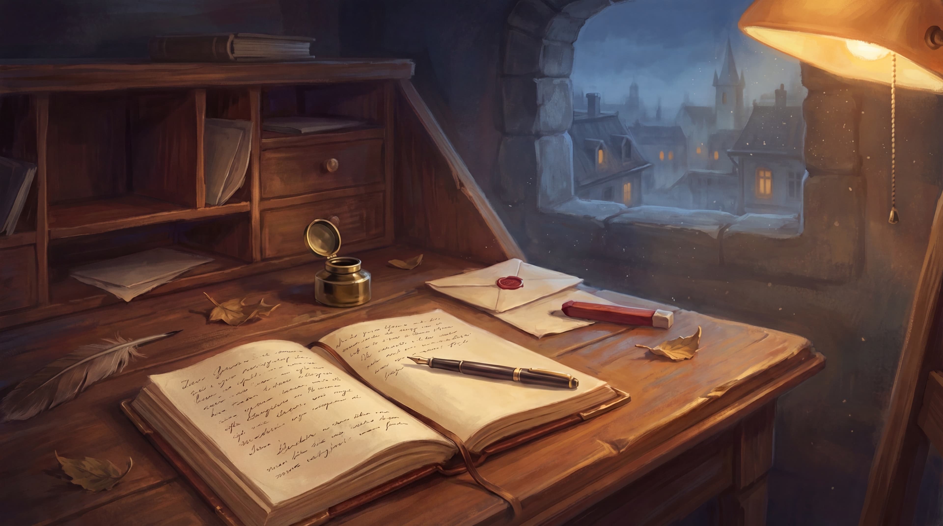 A chronicler's desk with an open ledger, a quill, and a wax-sealed letter waiting to be sent