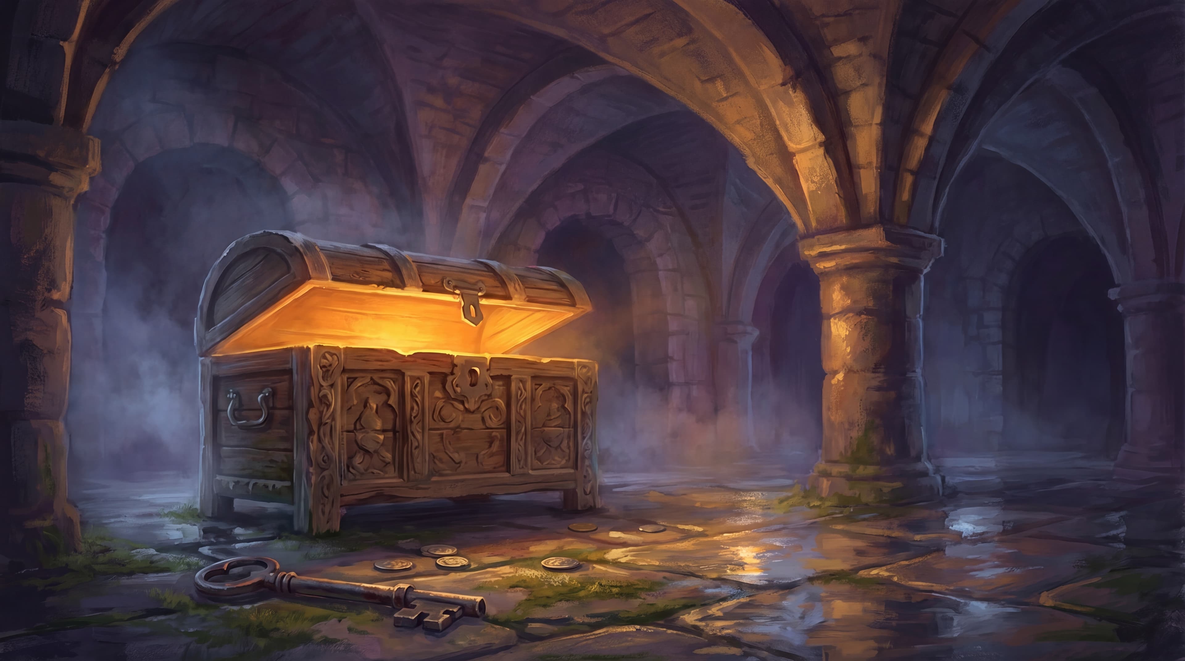 An ornate wooden chest, partially open, warm golden light spilling from within onto the stone of a vaulted cellar — an old key and wax-sealed letter beside it.