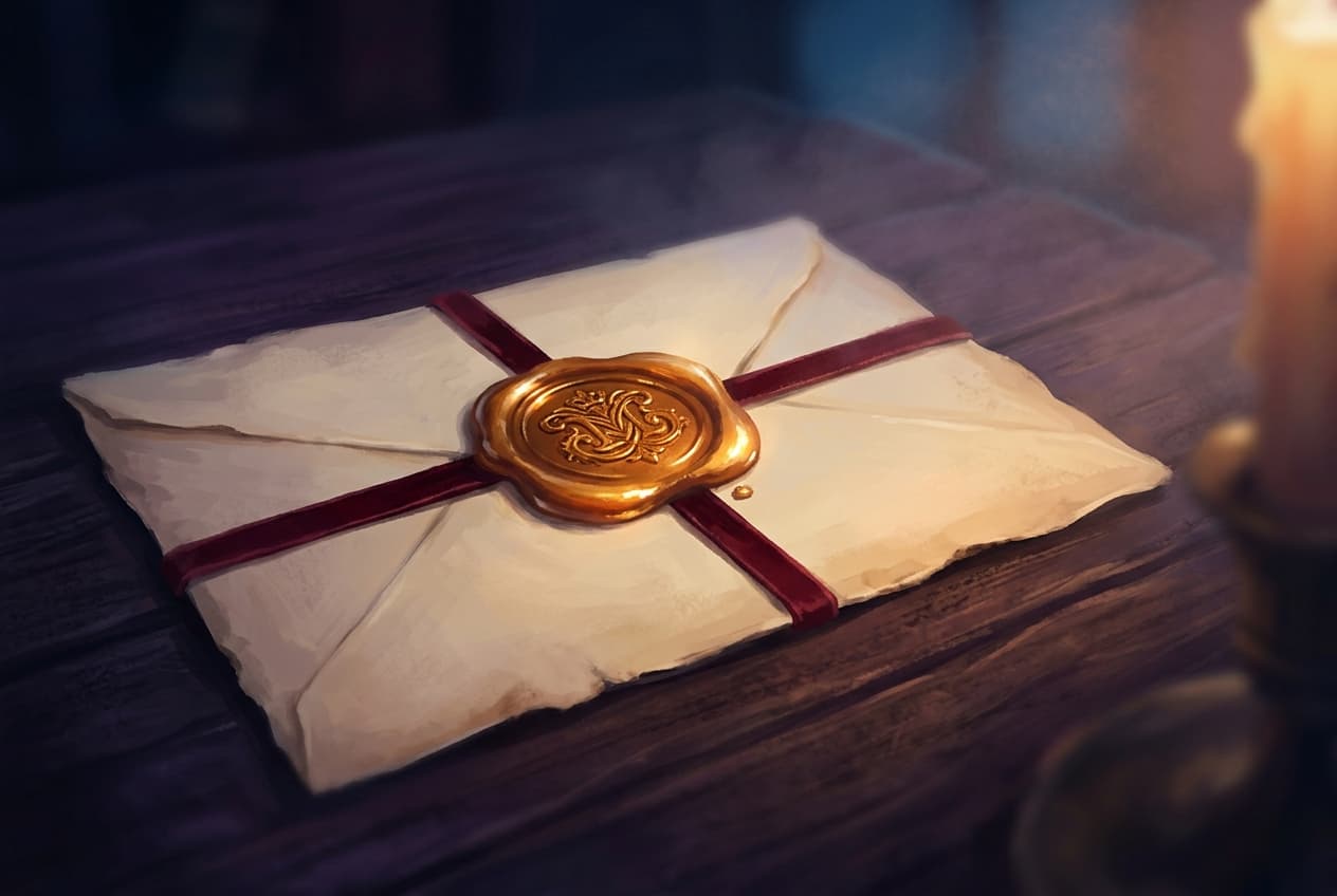 A cream-coloured letter tied with ribbon, an amber wax seal catching the lamplight on a dark wooden desk.