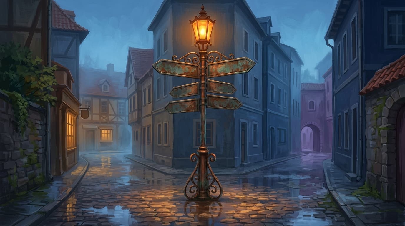 An ornate wrought-iron signpost at a quiet European intersection, arrows pointing toward several streets that recede into soft afternoon haze.
