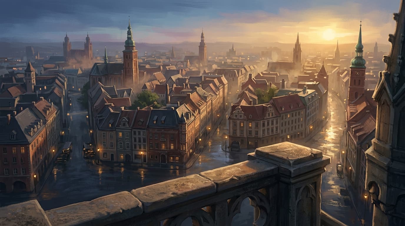 A panoramic view over a European city at golden hour, seen from a high vantage point, the streets below laid out like pages in an open book.