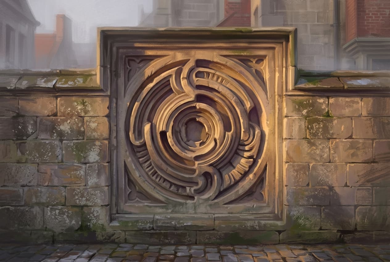 A weathered carved stone relief, a circular interlace pattern set into an old town wall, its grooves catching the warm afternoon light — the kind of detail most people walk straight past.