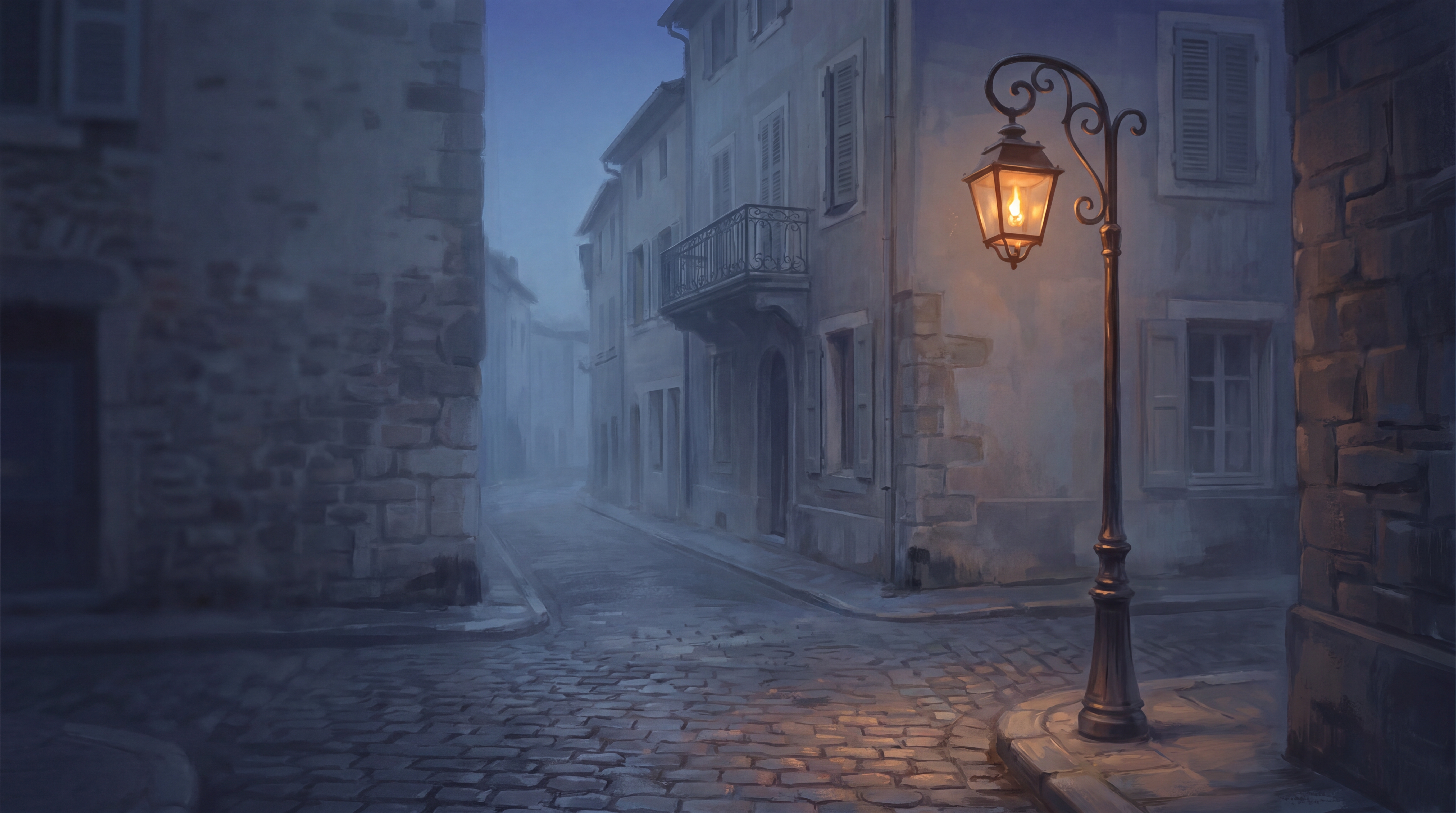 A single wrought-iron lamppost just lit, standing at a European cobblestone corner at dusk, warm amber flame inside the glass lantern casting soft glow into the cool blue-grey twilight of the empty street behind.